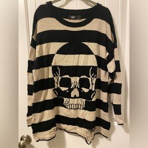 Knit Skull Print Sweater with Distressing